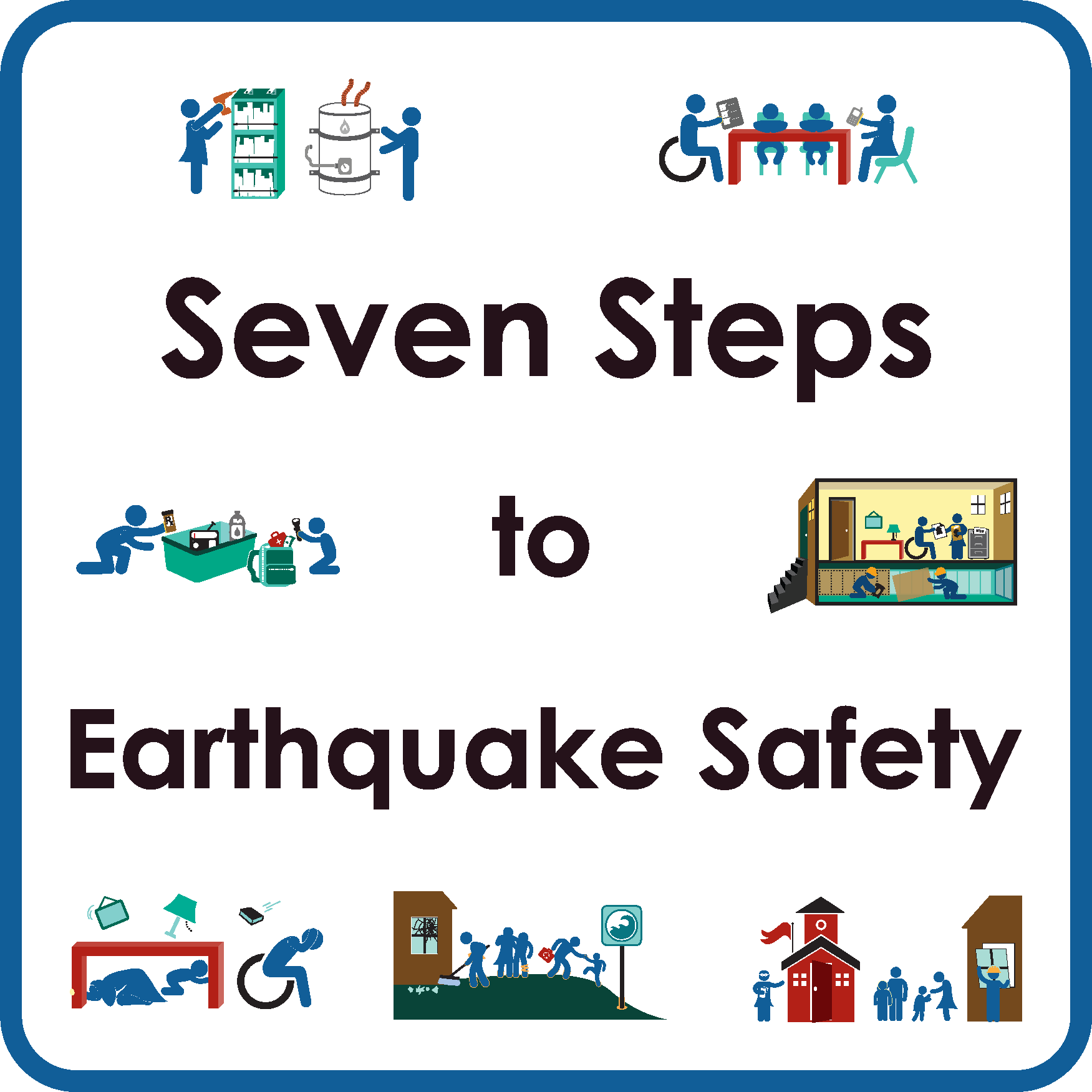 Seven Steps to Earthquake Safety title and graphics